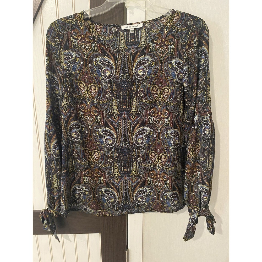 Rose + Olive Paisley Flowy Balloon Tie Sleeve Blouse Womens Sz Large Boho Fun